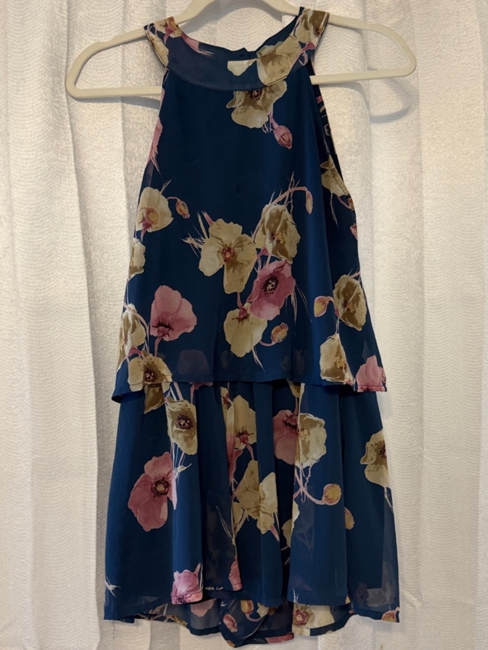Peach Love California Navy Blue Floral Halter Tiered Romper